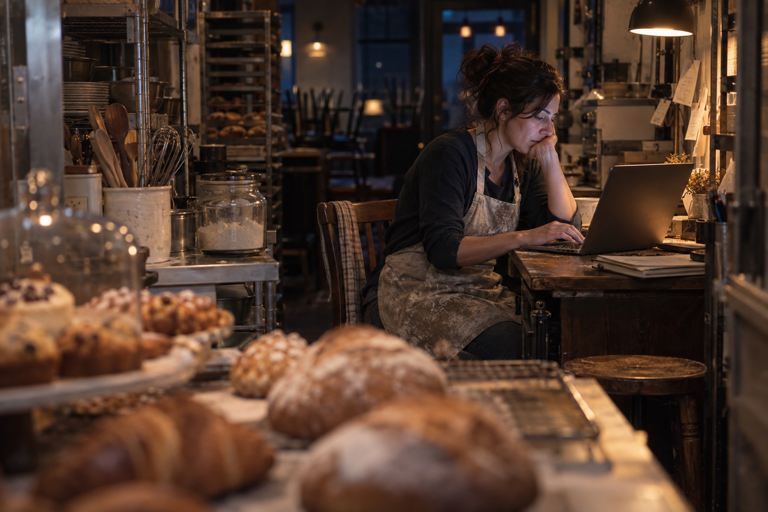 A small bakery owner in an apron works alone on a laptop after closing while fresh bread and baking tools sit nearby.
