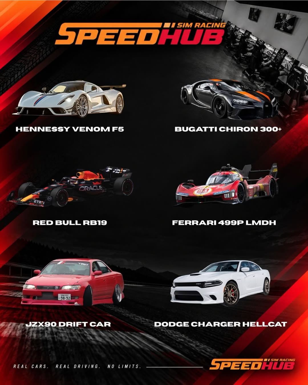 SpeedHub Sim Racing promotional graphic featuring six racing cars and the SpeedHub logo