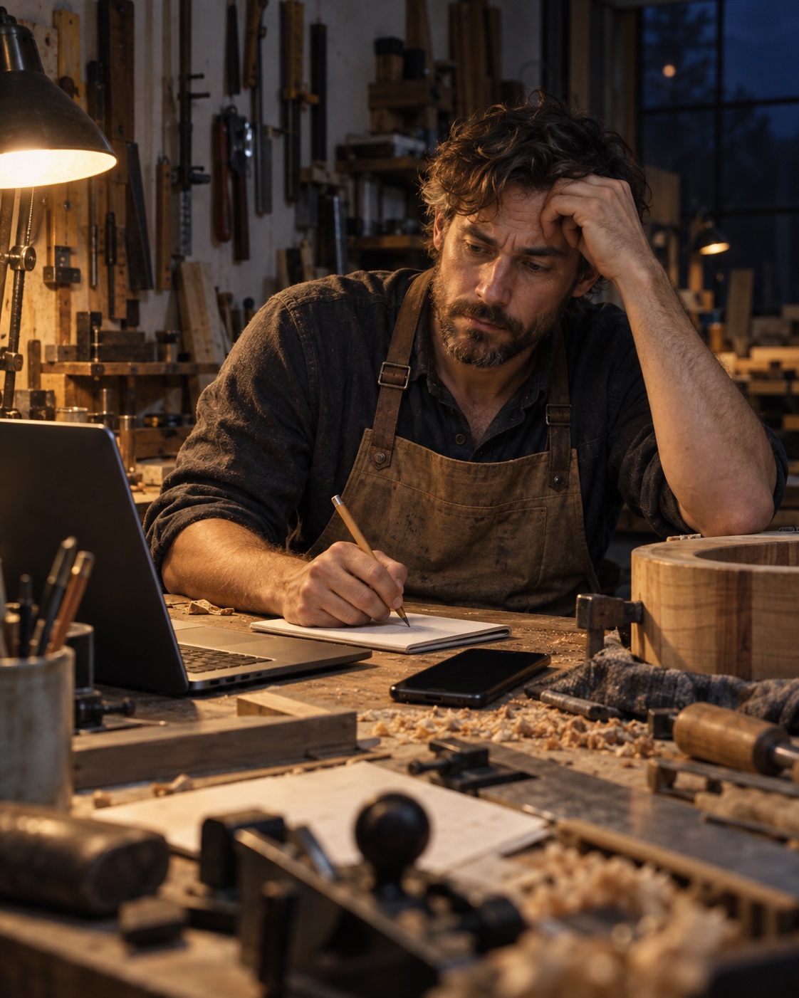 A local woodworker studies a laptop and handwritten notes late at night beside the tools of his craft.