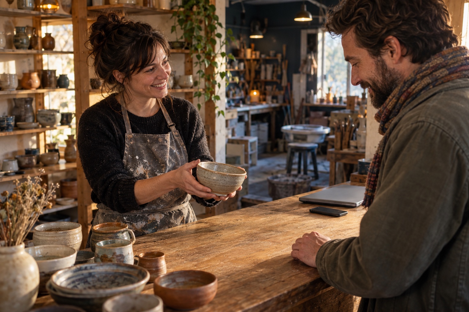 A local artist smiles while showing a handmade ceramic bowl to a customer in her independent studio.